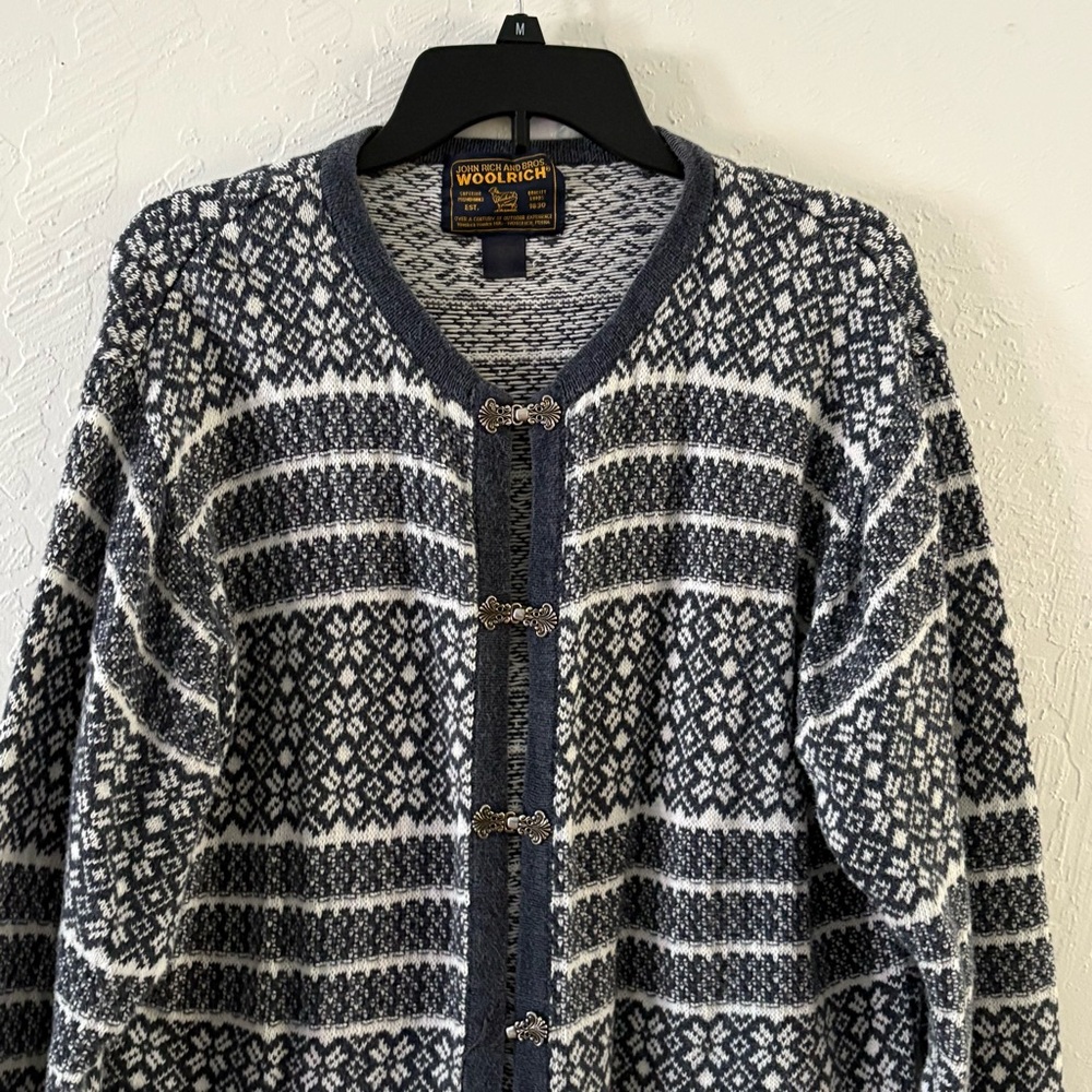 Woolrich‎ Navy White Snowflake Patterned Cardigan Sweater Women's Size XLarge